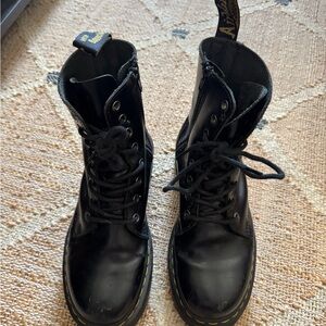 Dr. Martens Black Leather Combat Boots with Yellow Stitching
